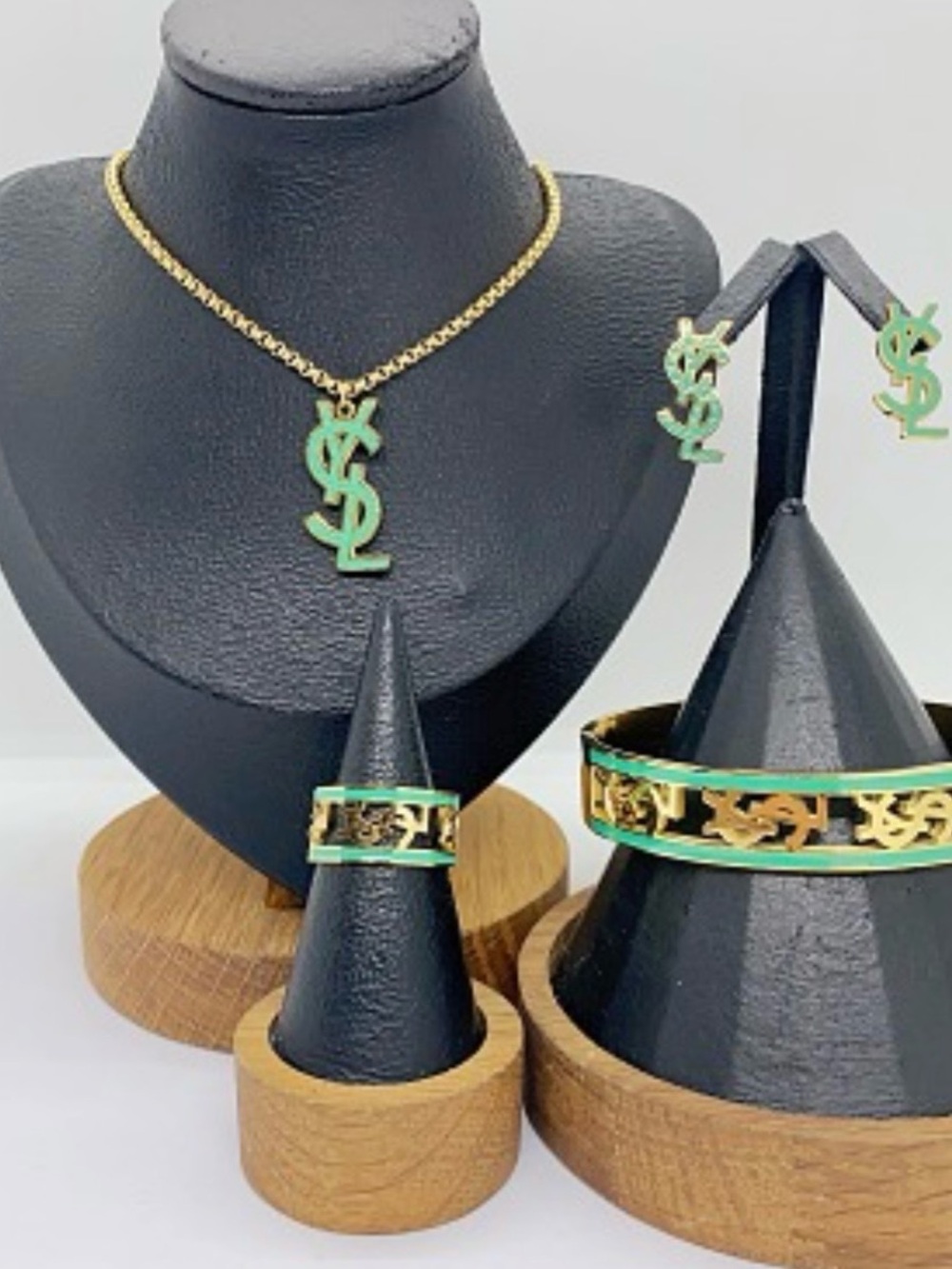 Designer-Inspired Gold and Mint Green Logo Necklace & Jewelry Set